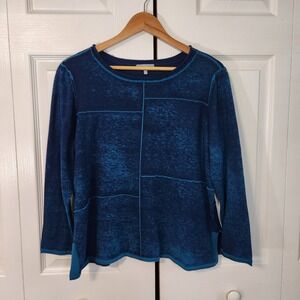 Habitat Clothes To Live In Blue Patchwork Cotton Knit Long Sleeve Top LG Burnout